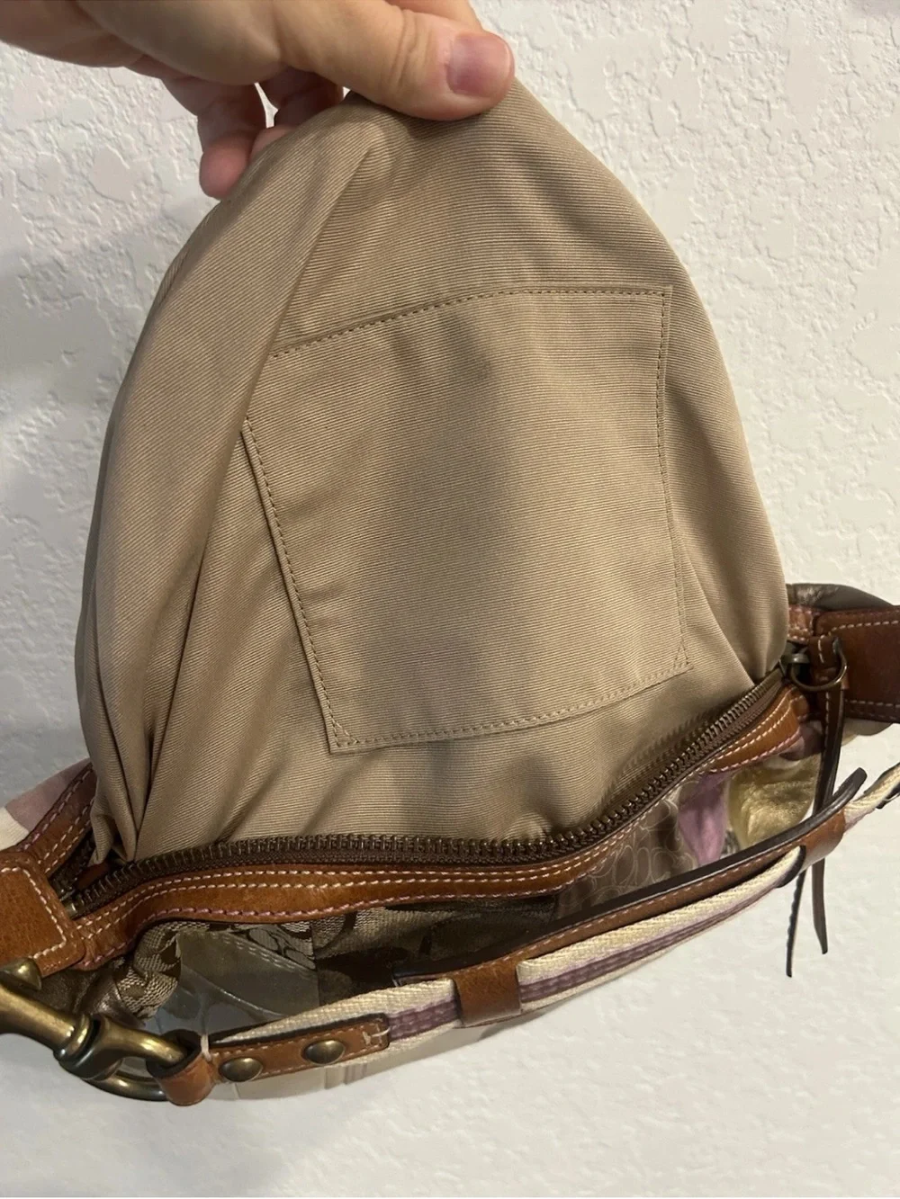 Rare Vintage Coach Y2K Patchwork Leather Trim Hobo Bag 10019 Brown Gold Pink